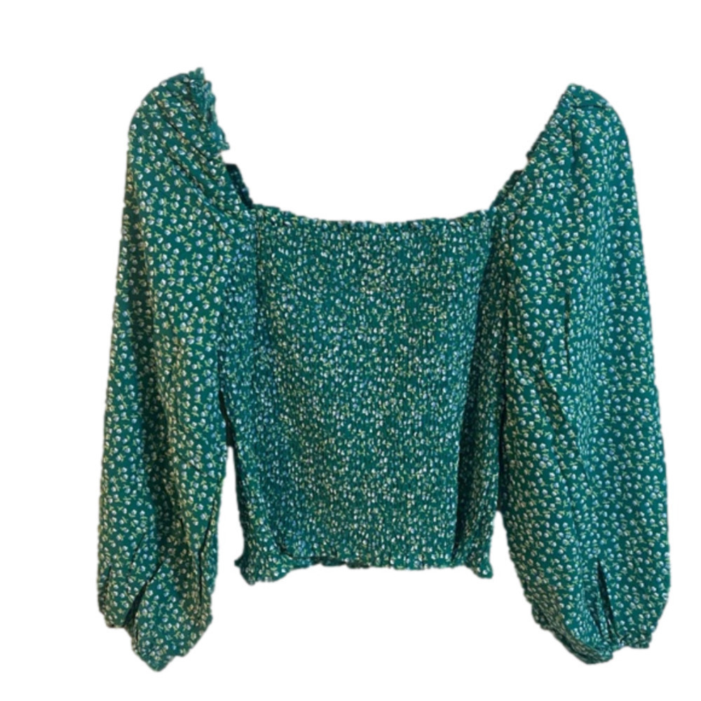 Boutique Women's Floral Print Smocked Crop Top - Green/Blue - Size Small